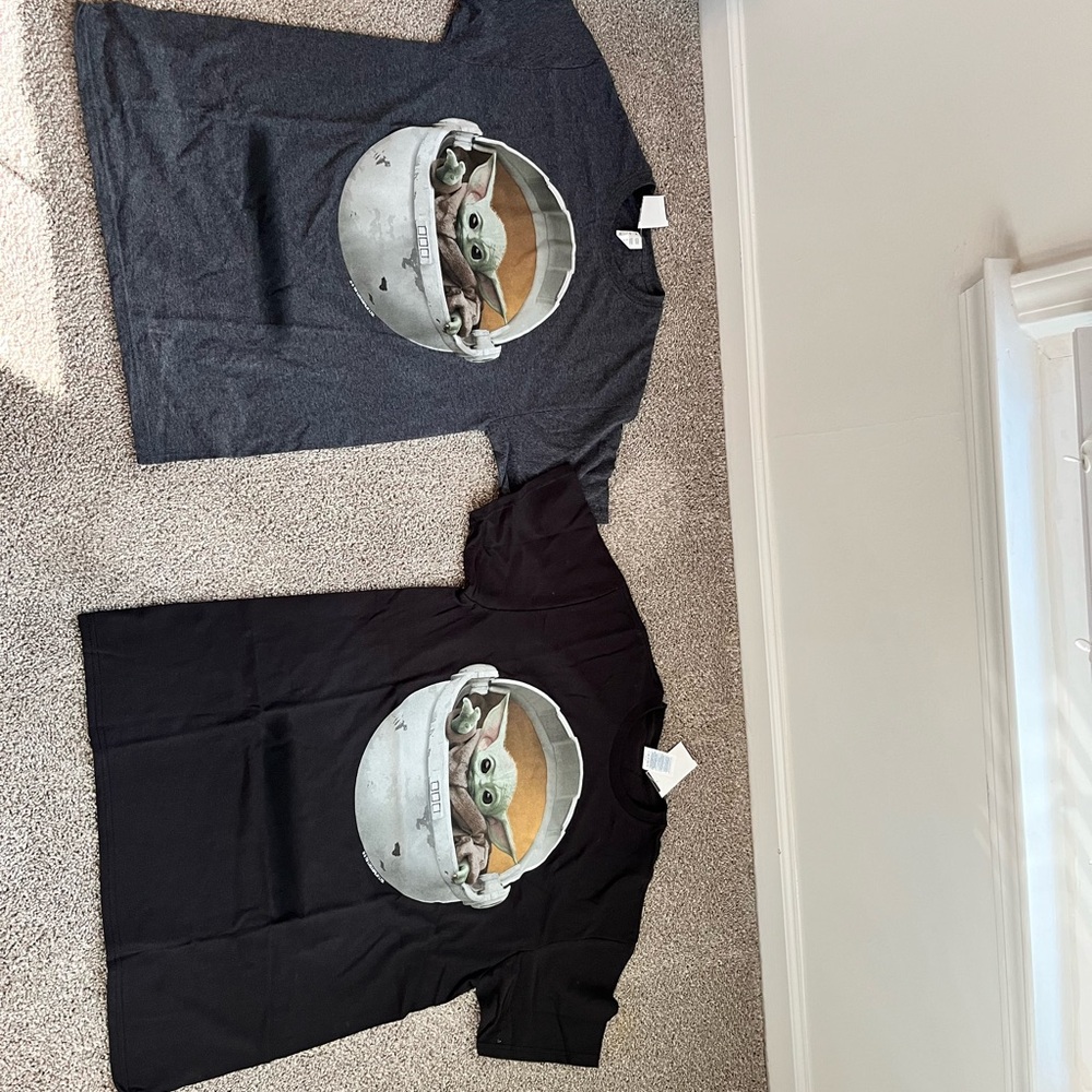 Two shirts, brand new, never worn, gray size medium, black size large.